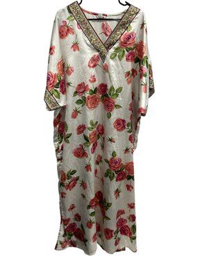 Winlar Floral Polyester Kaftan Dress Embroidered Trim One Size Fits Most
